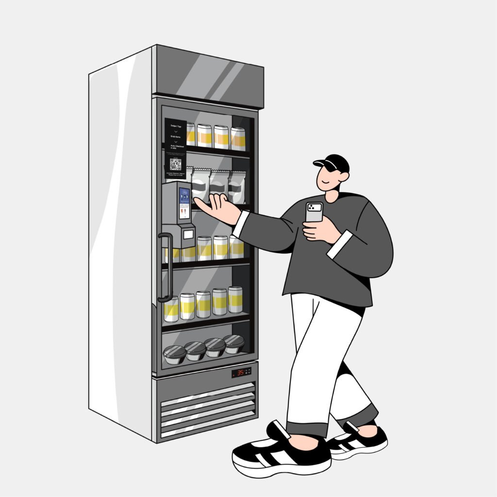 Customer taps or swipes at smart cooler